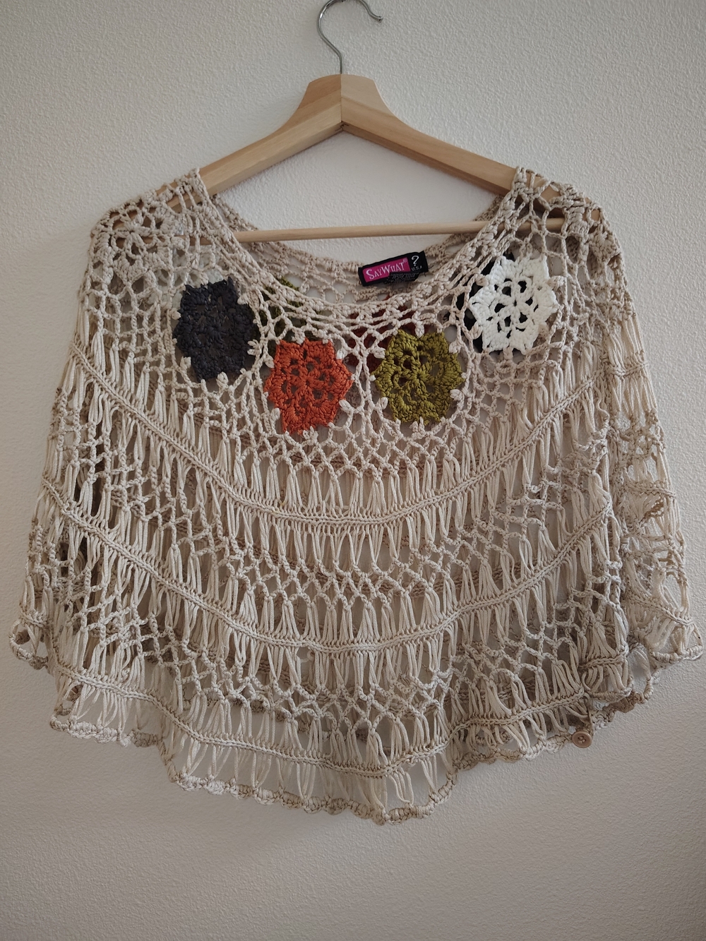 Crochet Poncho Sweater - Cream with Multicolor Flowers